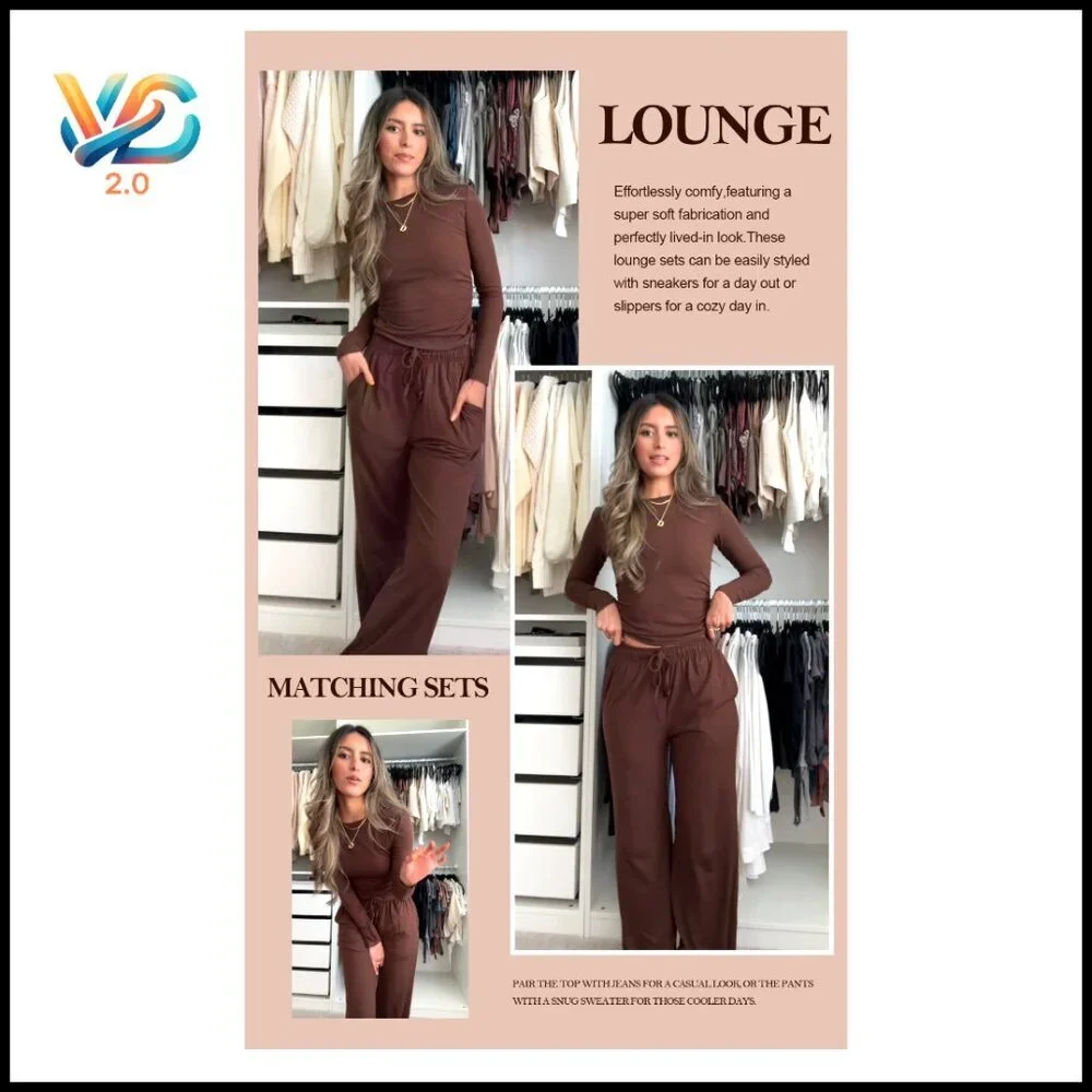 Long Sleeve Wide Leg Lounge Set Two Piece Tracksuit Casual Comfort Travel Outfit